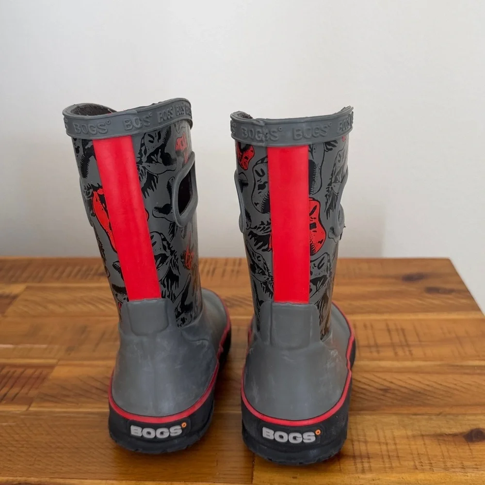 BOGS Kids Gray and Red Dinosaur Rain Boots